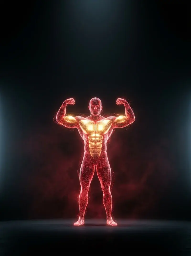 The Aesthetic — priority muscles highlighted on a holographic athlete