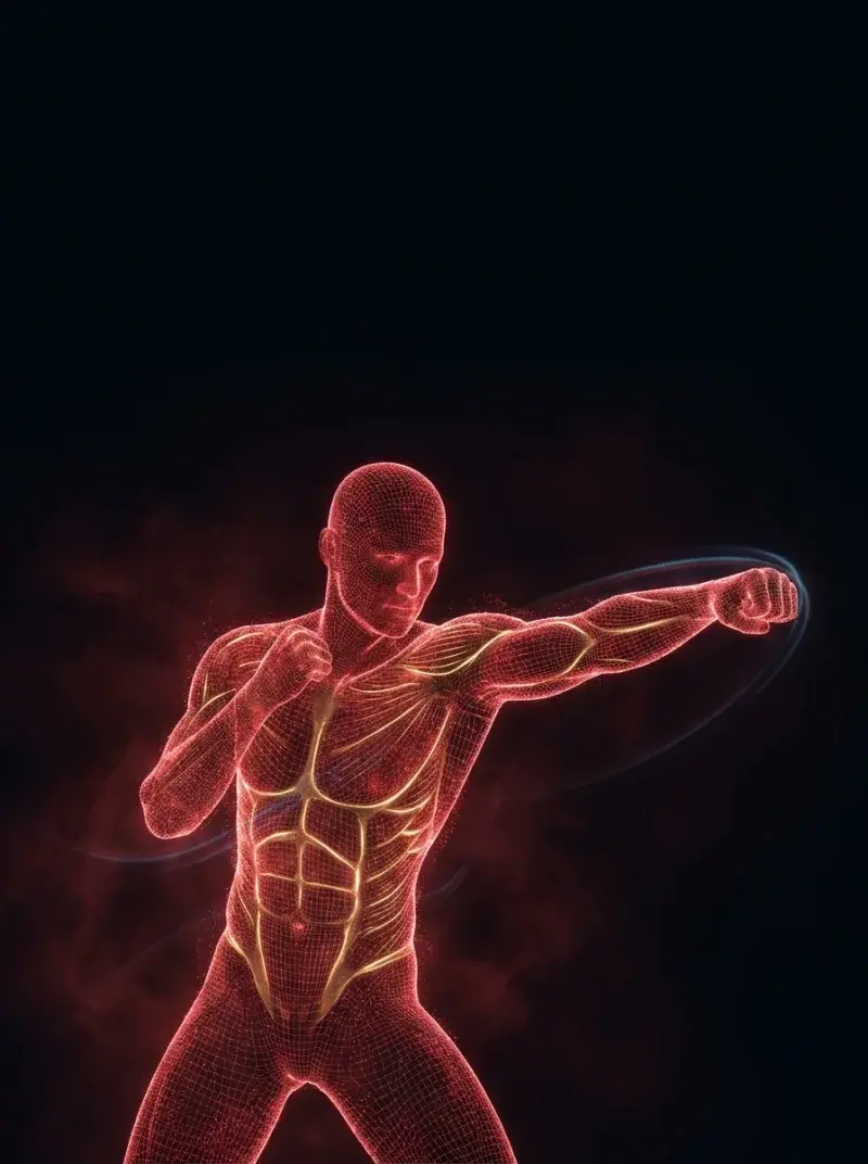 The Fighter — priority muscles highlighted on a holographic athlete