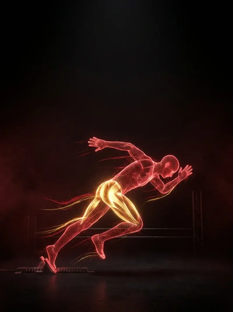 The Sprinter — priority muscles highlighted on a holographic athlete